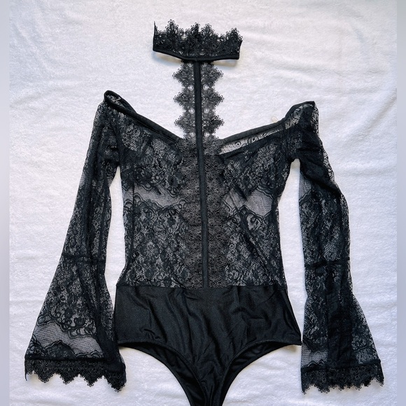 WOW Couture, Whimsigoth Fairy Goth Elegant Lace Body Suit, Medium, Black - Picture 2 of 5